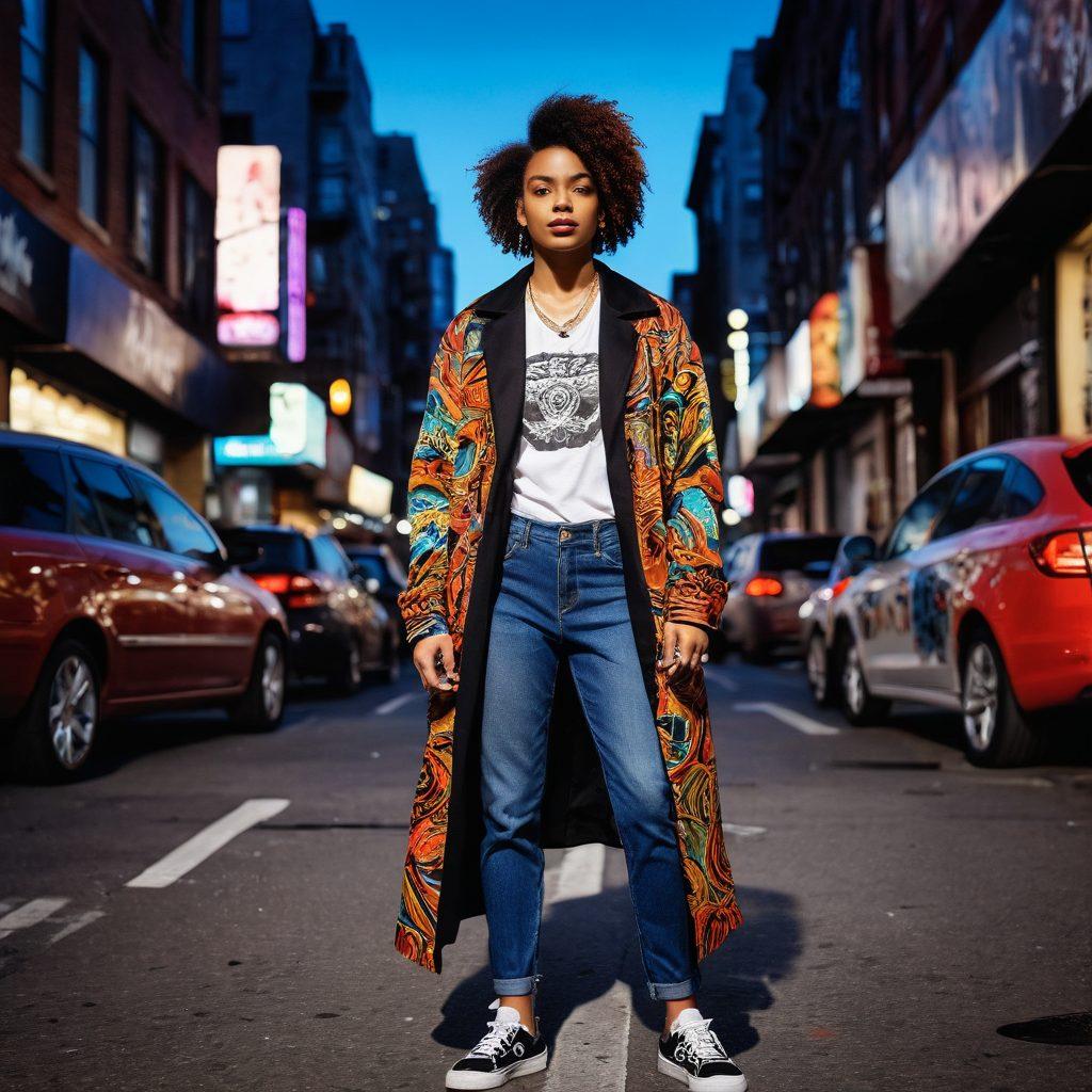 A confident individual standing on a bustling city street, adorned with bold street art in the background, exuding an aura of fearlessness. The person wears vibrant, edgy clothing that reflects self-expression and individuality, with shadows and city lights creating a dynamic atmosphere. The scene captures a mix of urban culture and empowerment, symbolizing growth and bravery in everyday life. super-realistic. vibrant colors. dynamic composition.