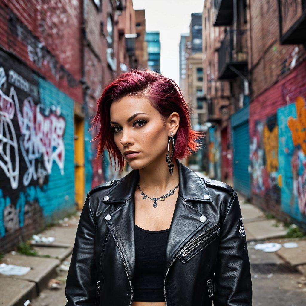 A fierce woman with tattoos and a leather jacket stands confidently in a gritty urban alley, surrounded by vibrant graffiti. She exudes a powerful, rebellious energy as she gazes into the distance, with city skyscrapers looming in the background. Her posture and expression embody defiance and strength, reminding viewers to embrace their inner badass. The scene is infused with an edgy, urban vibe using bold colors and dynamic angles. vibrant colors. urban street art style.